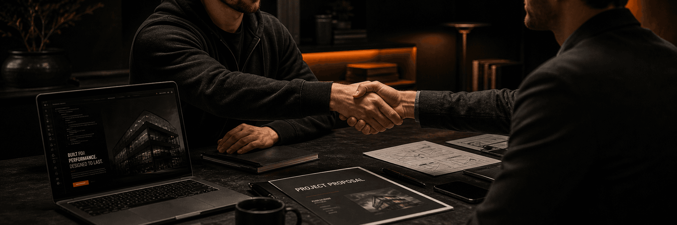 Engineer and business owner shaking hands over a project proposal