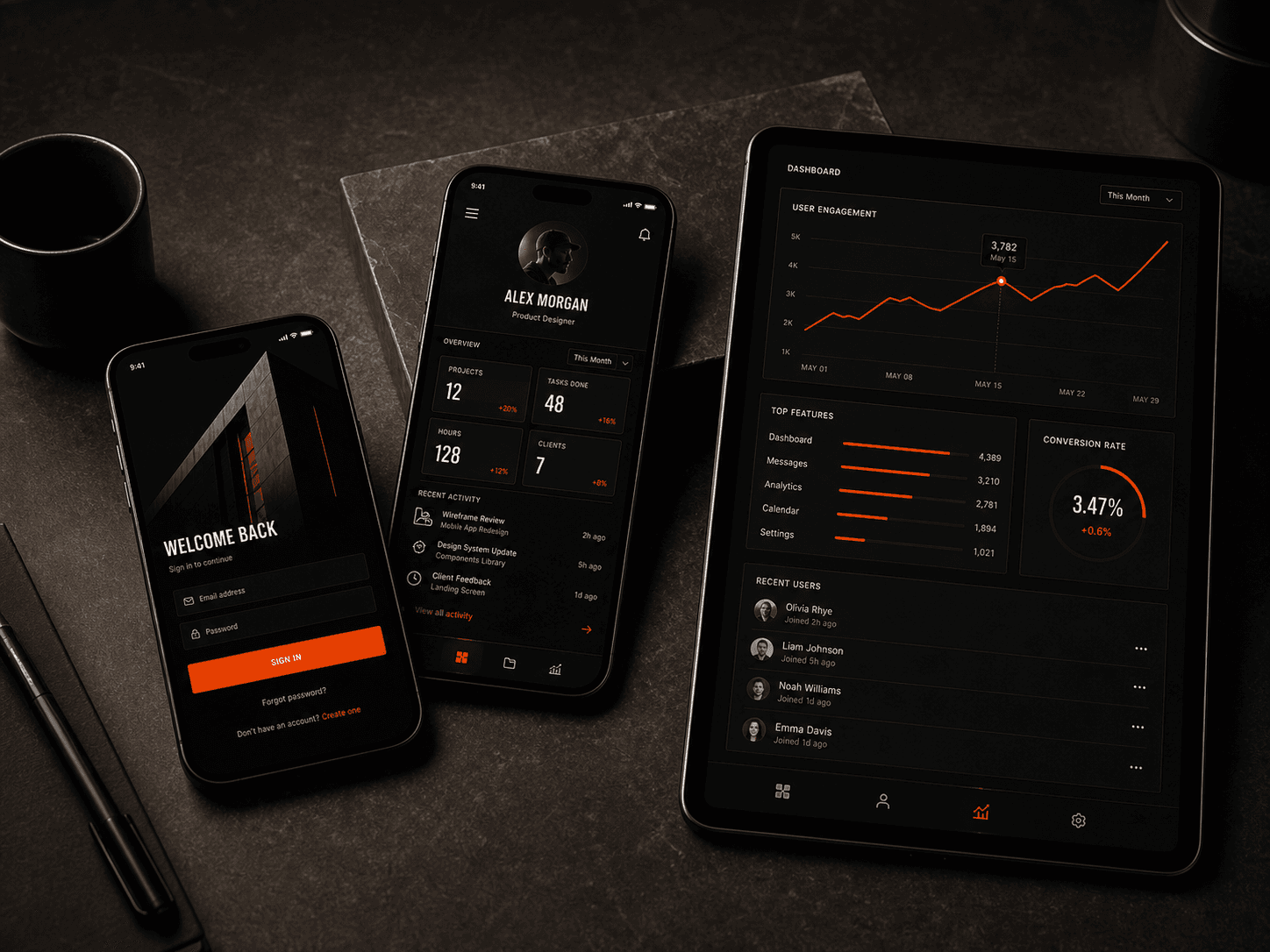 Interfaces premium de app móvil mostradas en dispositivos
