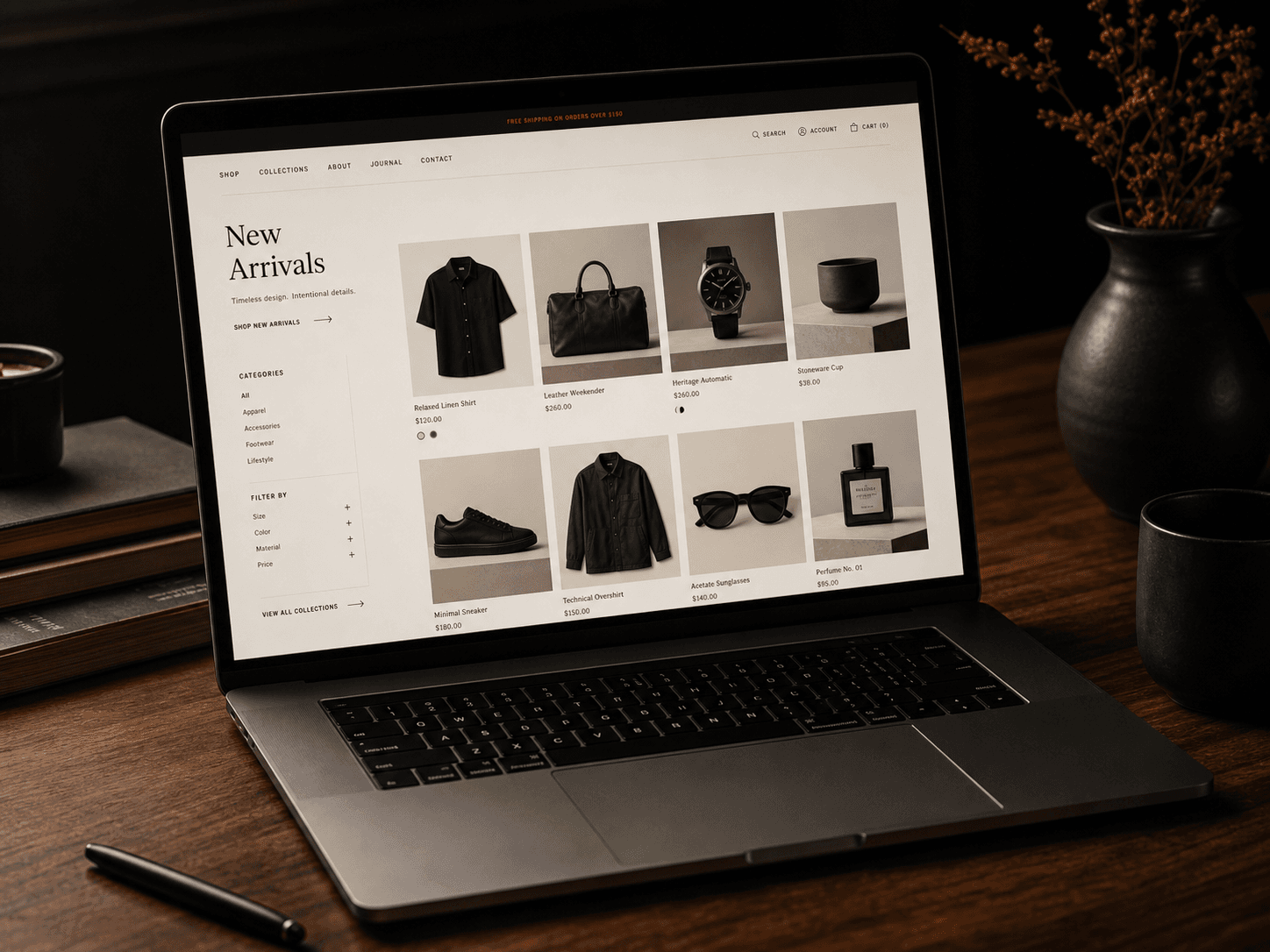 Interfaz premium de tienda en línea mostrada en una laptop